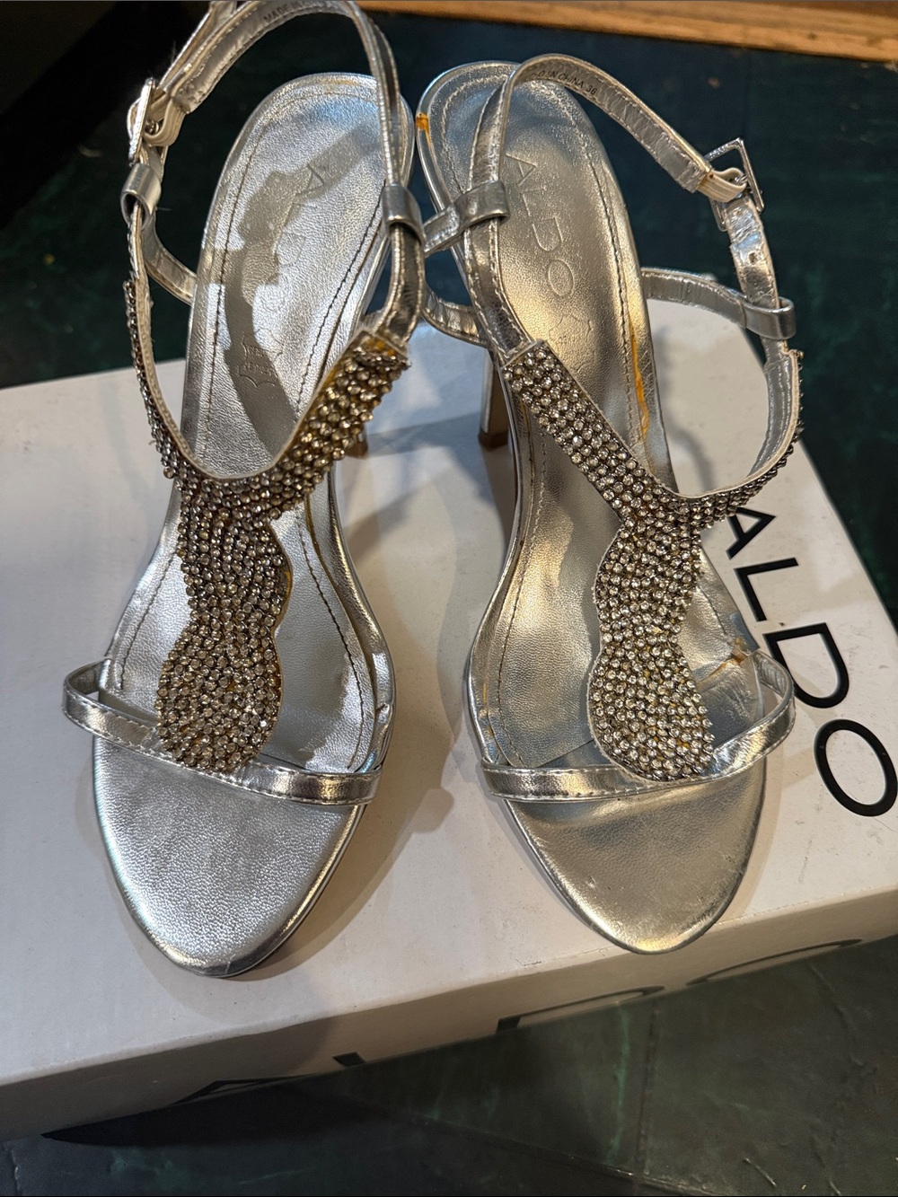 Aldo Silver Crystal T-Strap Heeled Sandals